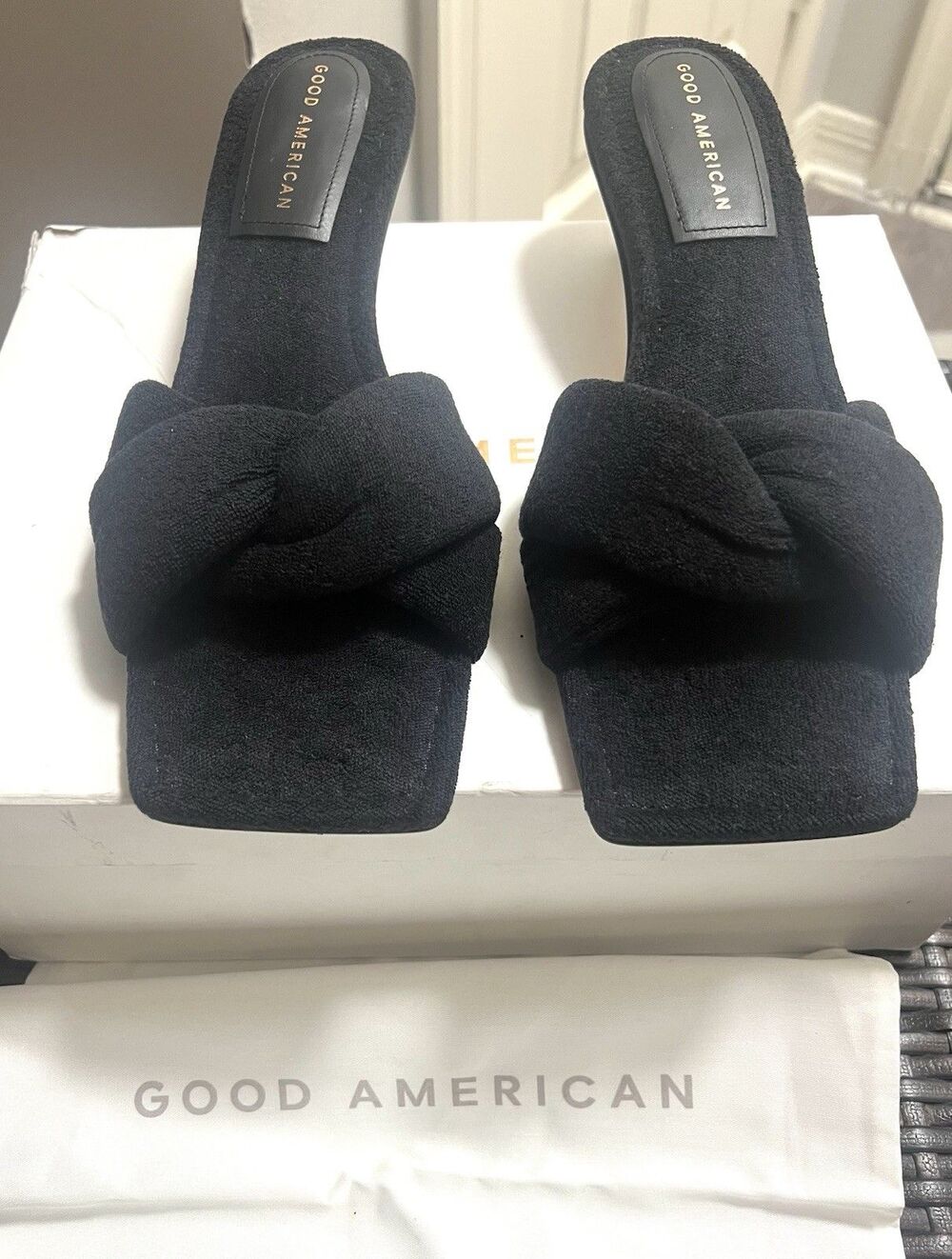 Good American Terry Kickstand Mules Slides Black Kitten Heels Sandals 8.5 NIB